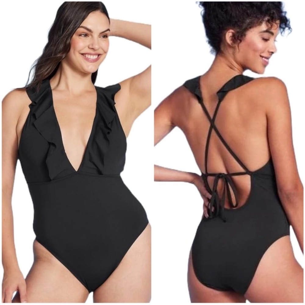 NWOT Black Flounced Plunge Ruffled Neckline One Piece Swimsuit Size Small